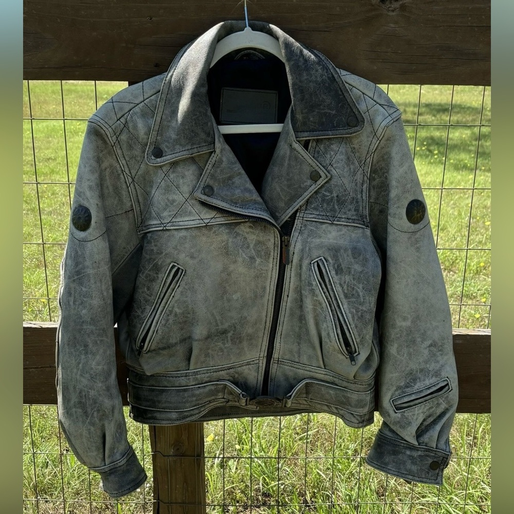 Vintage 90’s Schuh Distressed Gray Leather Motorcycle Jacket Size XS